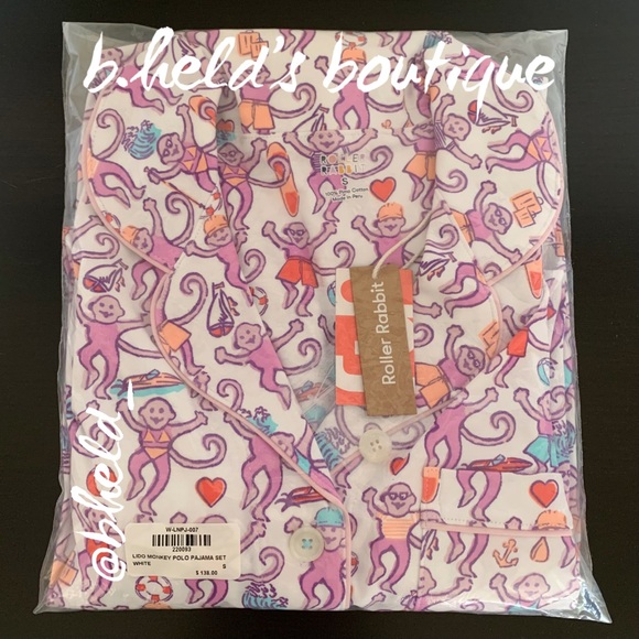 Roller Rabbit Lido Monkey Polo Pajamas in White Monkey Size Small S New NWT - Picture 16 of 17